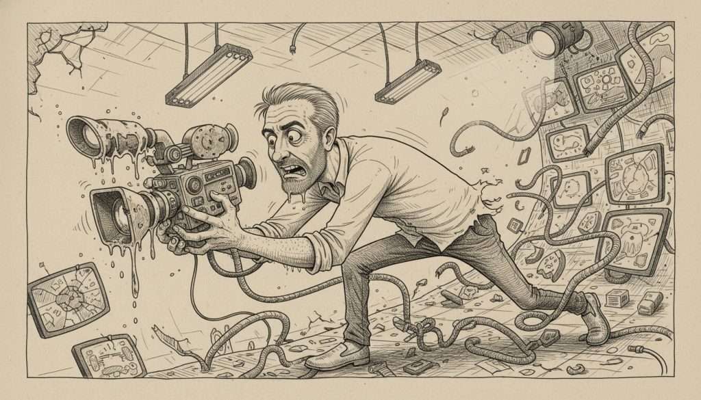 The desperate character lunges forward clutching a flickering vintage video camera in a collapsing news studio tangled with wires and broken screens with sweat flying and eyes wide in panic during testimonial video production.