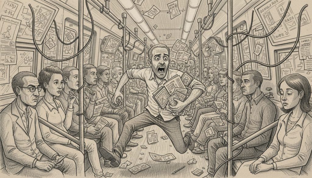 Ad Creative Guidelines For Different Platforms Or Burn Cash The frantic man sprints down a chaotic subway car juggling square and round shapes among tangled cables and screens as chaotic ads burst around him illustrating ad creative guidelines for different platforms.