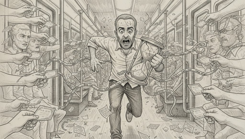 SaaS Free Trial Isn’t Strategy. It’s A Trap You Set The frantic man sprints through a crowded subway car clutching a cracked hourglass as papers and digital icons swirl around, with many hands offering empty vouchers labeled saas free trial.
