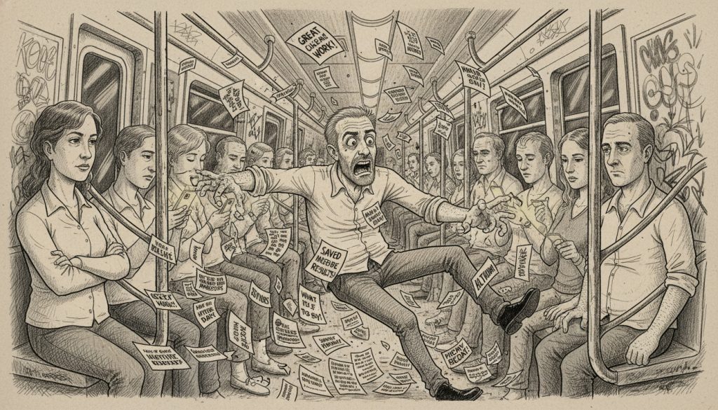 The frantic character juggles flying testimonial cards while sprinting through a crowded subway car filled with moving passengers and scattered papers.