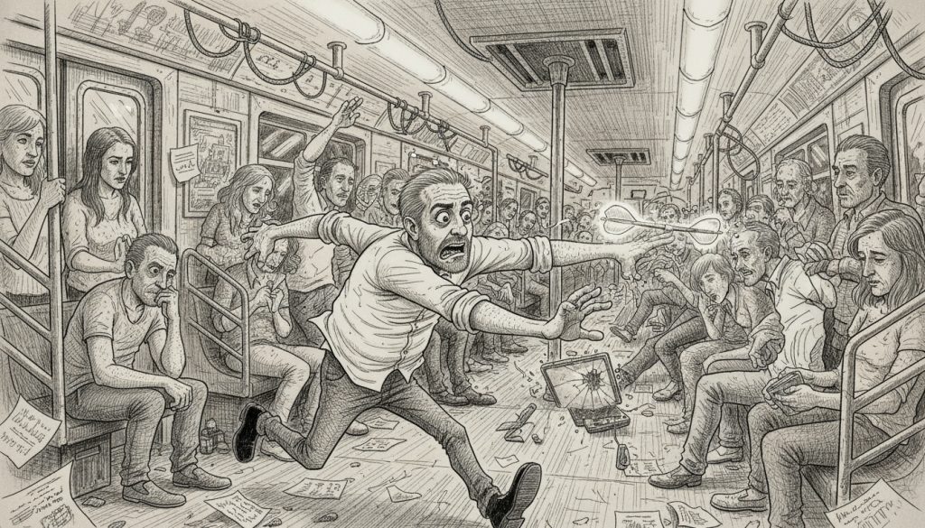 The frantic man sprints through a crowded subway car reaching for a glowing hook-shaped dart while passengers and papers swirl wildly around him under harsh fluorescent lights.