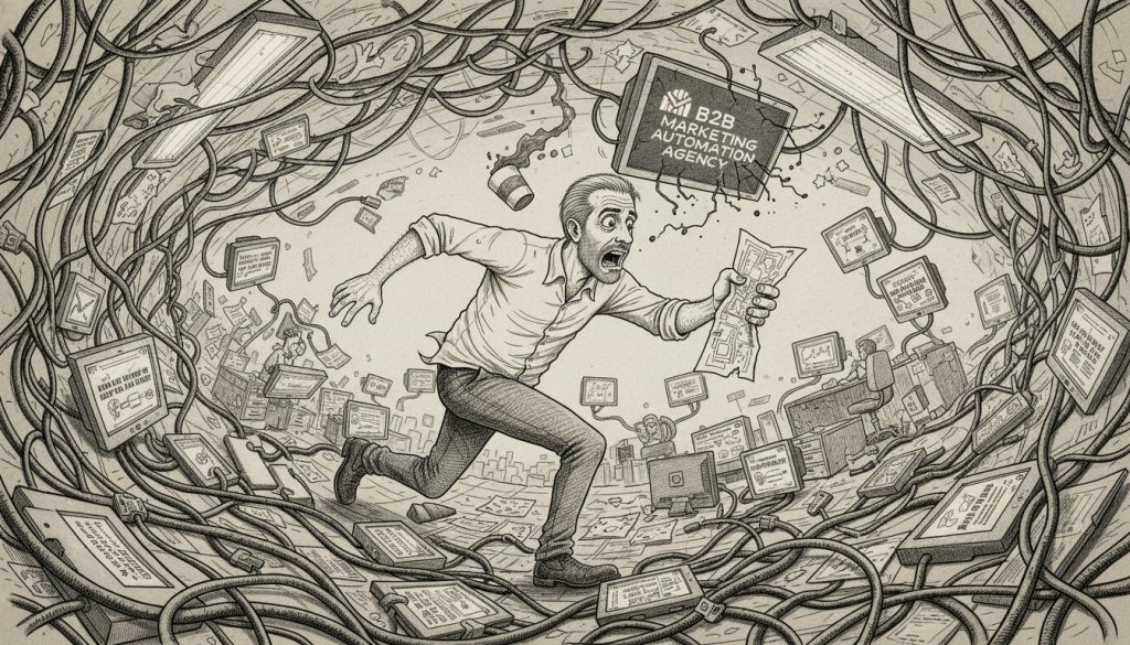 The frantic character struggles tangled in cables and broken screens inside a chaotic office maze chasing a b2b marketing automation agency logo.