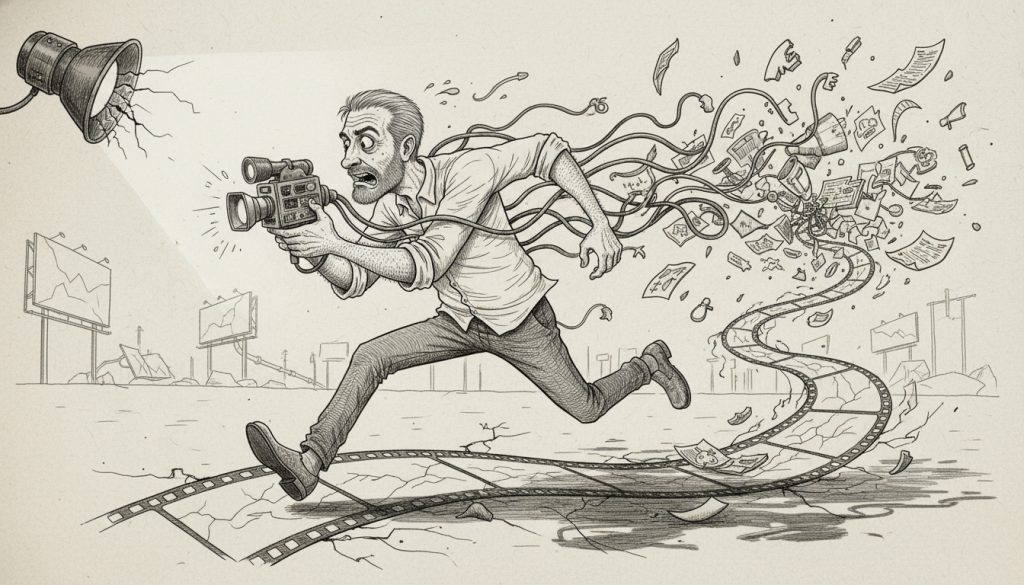 Aligning Video Content With Marketing Objectives Won’t Save You The frantic character sprints on a distorted filmstrip track clutching a vintage video camera amid swirling papers and tangled cords in a chaotic marketing environment with flickering lights and empty pipelines.