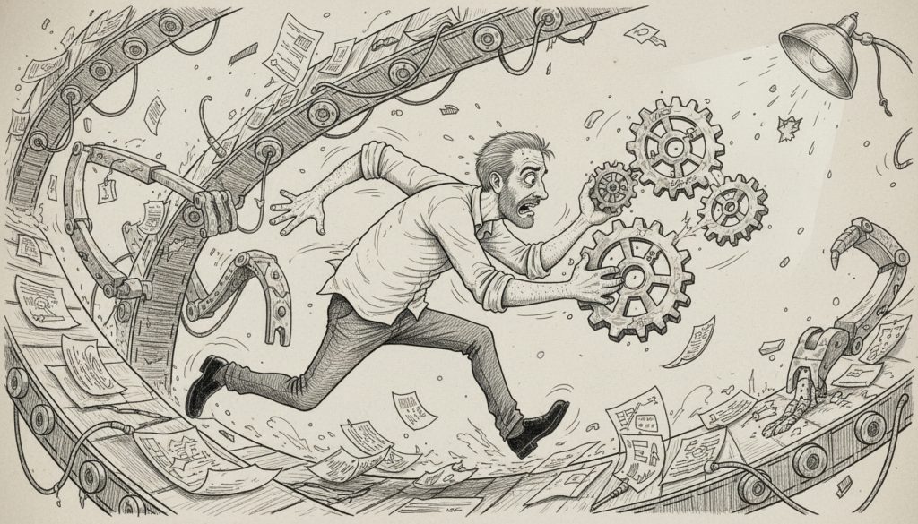 Manufacturing Marketing Strategy Isn’t Broken, Your Pipeline Math Is The frantic man sprints through a chaotic manufacturing plant juggling oversized gears amid conveyor belts and machinery under harsh flickering factory lights.
