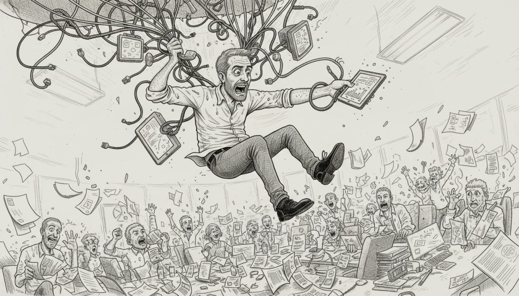 B2B SaaS Onboarding Isn’t A Checklist, It’s Triage The desperate character parachutes into a chaotic boardroom juggling cords and reaching for a tablet surrounded by swirling papers and blinking monitors illustrating b2b saas onboarding.