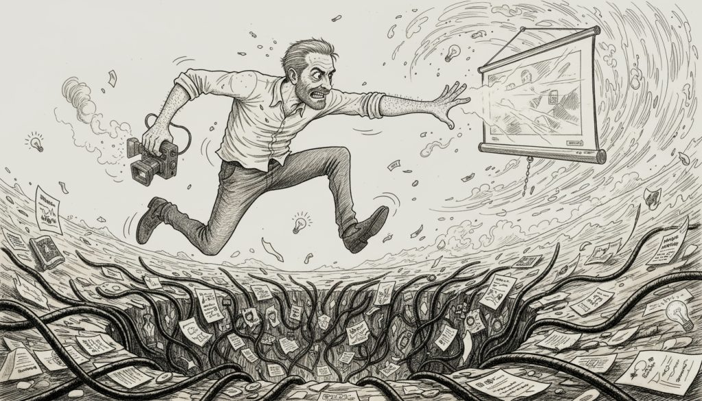 The frantic character leaps over a chasm holding a vintage video camera toward a glowing projector screen surrounded by chaotic papers and flickering bulbs in a stormy office setting showing a client testimonial video.
