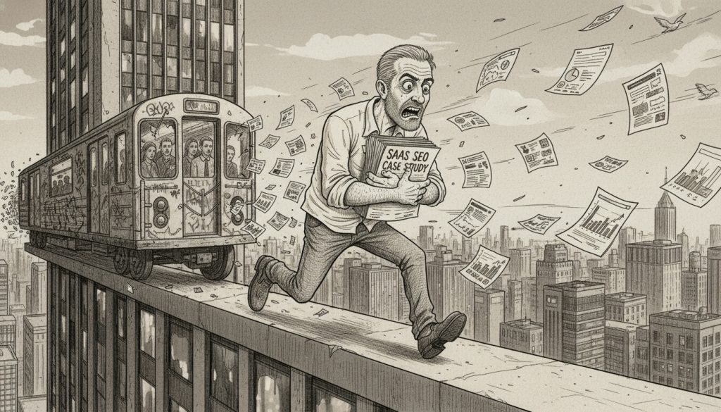 The frantic character clutches a fluttering pile of saas seo case study papers sprinting on a skyscraper ledge as torn screenshots fly around and a chaotic subway hurtles nearby.
