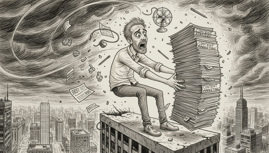 The frantic character desperately juggles papers labeled content strategy and content marketing while balancing on a collapsing skyscraper ledge amid flying office supplies and storm clouds.
