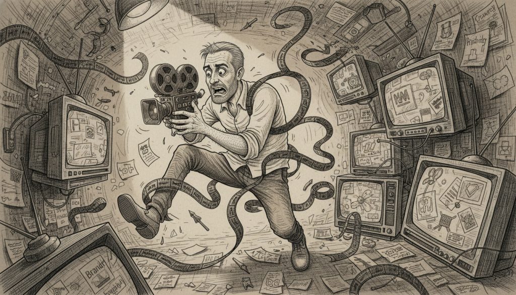 The frantic character clutches a flickering vintage film camera while tangled in film strips inside a chaotic studio with flashing monitors and scattered branding elements.