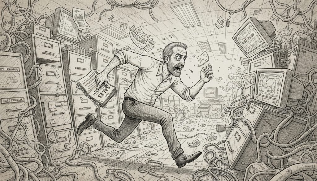 The frantic character sprints through a chaotic office full of filing cabinets and cables clutching a sales report as papers and monitors flicker around during the b2b seo case study.