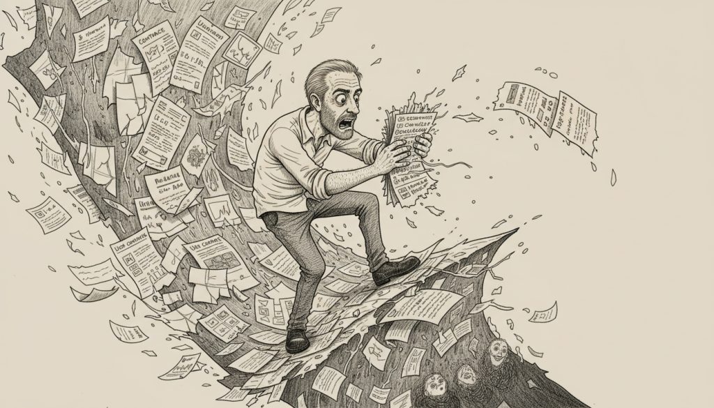 The frantic character clutches a shredded saas customer onboarding checklist on a collapsing paper cliff surrounded by torn documents, spilled coffee, and flickering screens as they reach out to slipping fragments in a chaotic office storm.