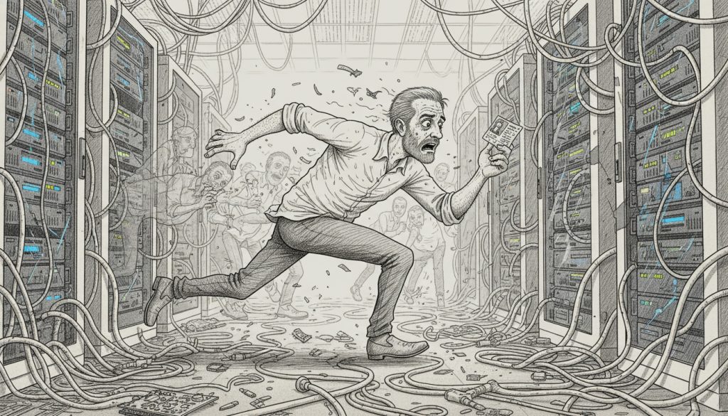 The frantic character sprints through a tangled data center clutching a user profile card as ghostly users blur behind him surrounded by cables and flickering servers.