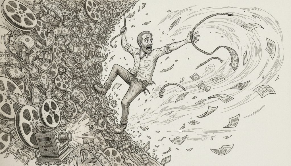 The panicked man climbs a jagged cliff of film reels and dollar bills reaching for a rope amid flying budget papers under flickering projector light.