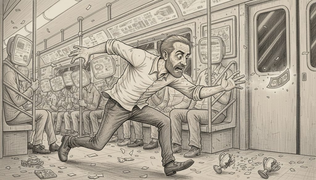 The desperate character reaches out for a glowing dollar bill among floating confetti and shattered trophies inside a crowded subway car filled with flickering screens showing video views in a video marketing case study.