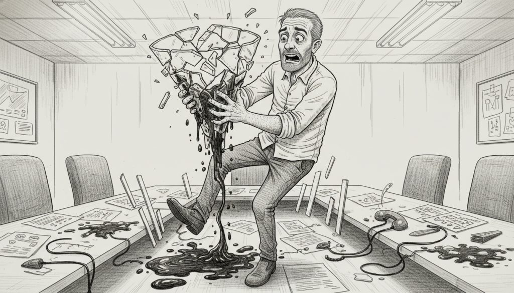 The frantic character desperately clutches a cracked sales funnel leaking fluid while suspended above a chaotic boardroom strewn with papers, wires, and spilled coffee under flickering lights.