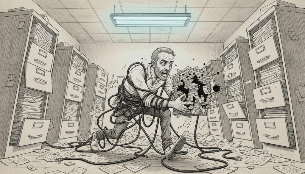 The frantic man struggles entangled in cords and papers inside a cluttered office while lunging forward holding a stack of documents amid a chaotic content strategy workflow.