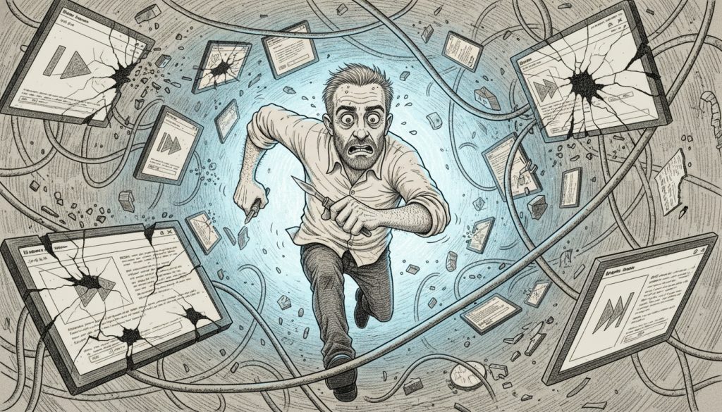 The frantic man sprints holding a scalpel through a chaotic maze of tangled wires and broken landing page video screens under flickering monitor light.