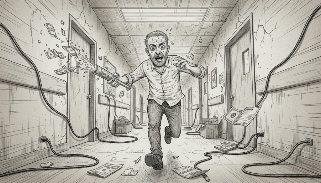 The frantic man dashes through a chaotic hospital corridor clutching a leaking syringe turning into money as tangled cables and brochures fly around him in a medtech marketing agency setting.