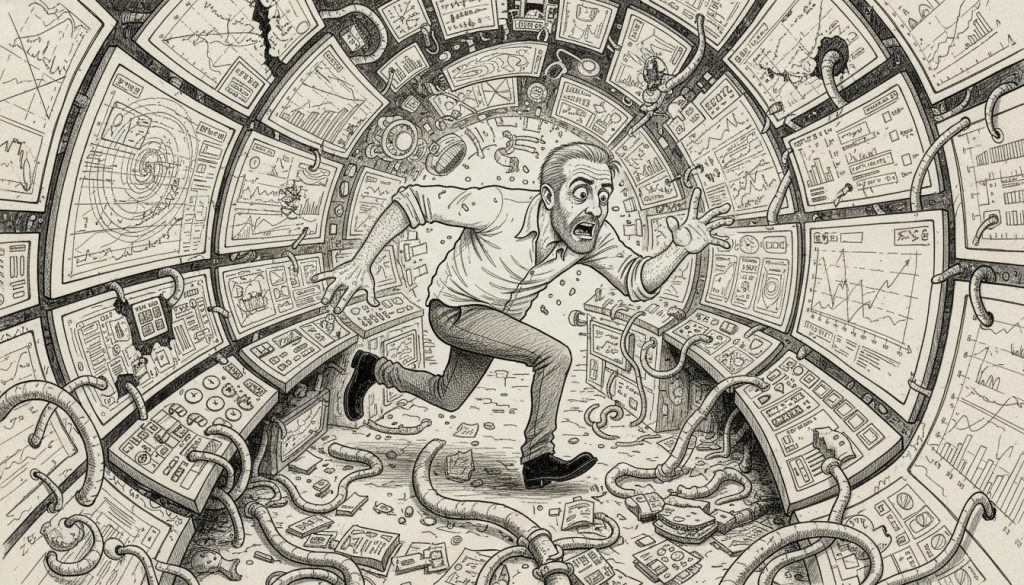 The frantic character sprints through an overwhelmed tech room tangled with cables and flickering dashboard screens, reaching forward amid swirling graphs and shattered dials showing saas onboarding kpis.