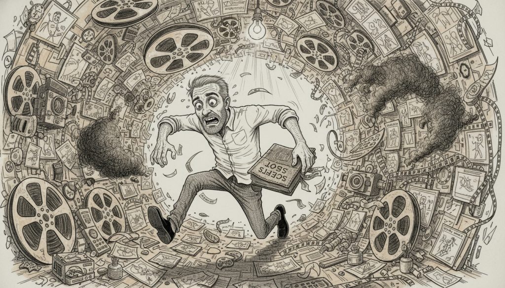 The frantic character sprints through tangled film reels and scattered storyboards clutching cost sheets while chaos unfolds around in a cluttered dimly lit room.