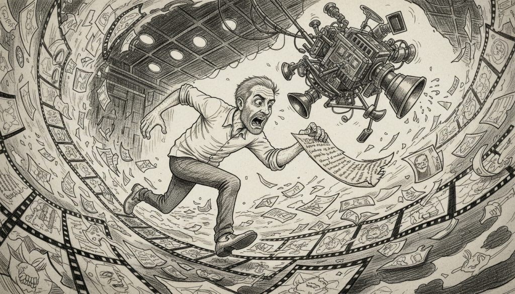 The frantic character sprints along a broken spine made of film strips and script pages holding a video script template amid a collapsing cinema set with swirling storyboard papers and flickering lights.