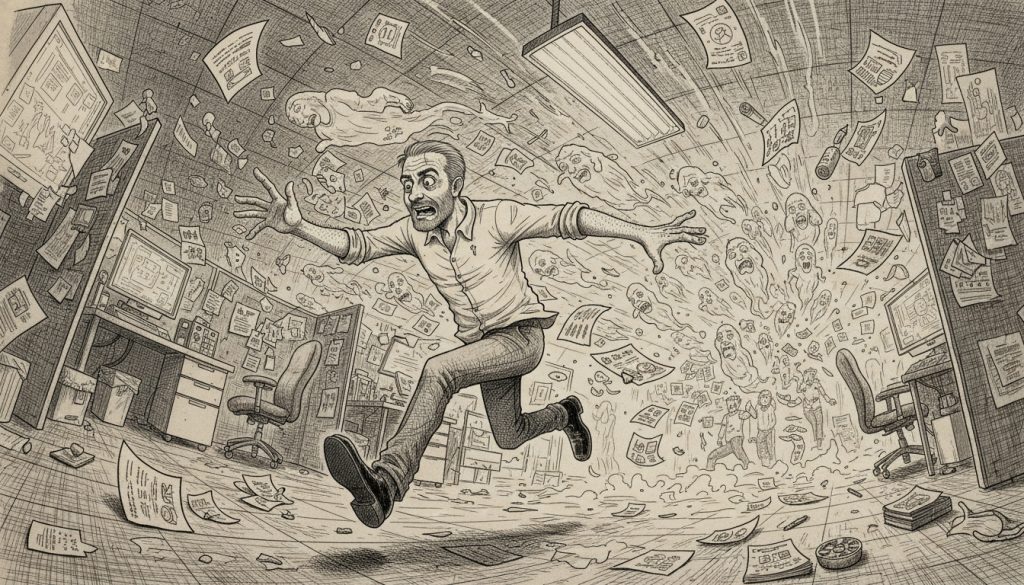 The frantic character chased by ghostly translucent figures in a cluttered office while desperately reaching out amid flying papers and flickering monitors, embodying the chaos of saas onboarding strategy.