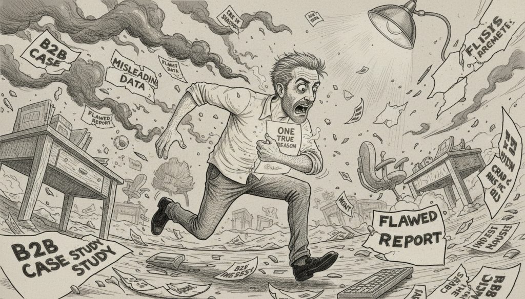 The frantic character sprints through a chaotic battlefield of torn b2b case studies papers flying like ammunition shells while clutching a glowing document under harsh flickering light.