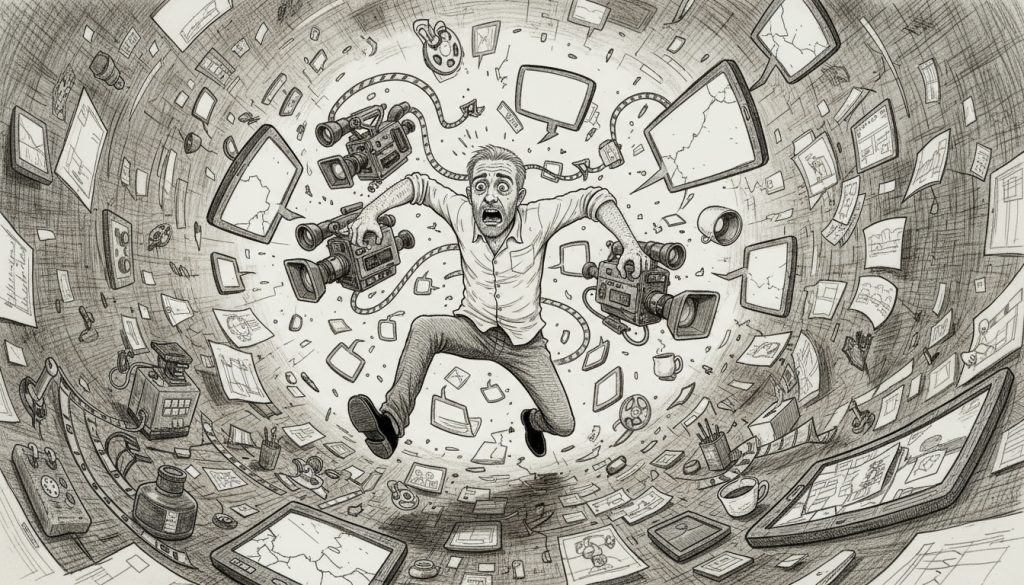 The frantic man with video cameras and tangled film reels runs through a cluttered office full of blank screens and floating empty speech bubbles showing branded video content agency chaos.