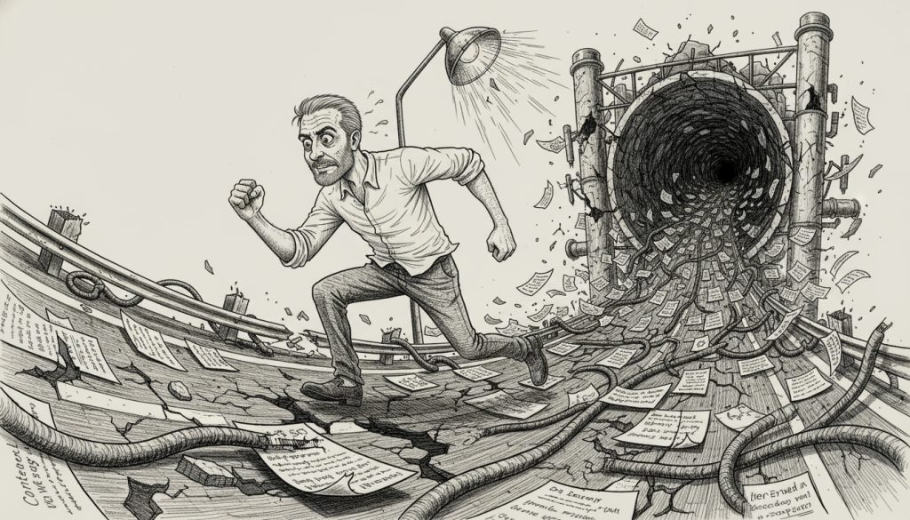 The frantic character sprints on a shattered highway strewn with tangled cables labeled types of content strategy while an empty pipeline collapses behind them under flickering streetlamp light.