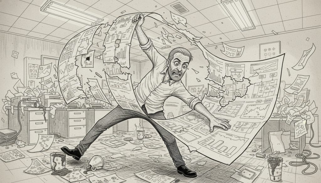 The desperate character reaches to catch slipping pieces of a customer journey slide as paper tears and office clutter swirl wildly around them.