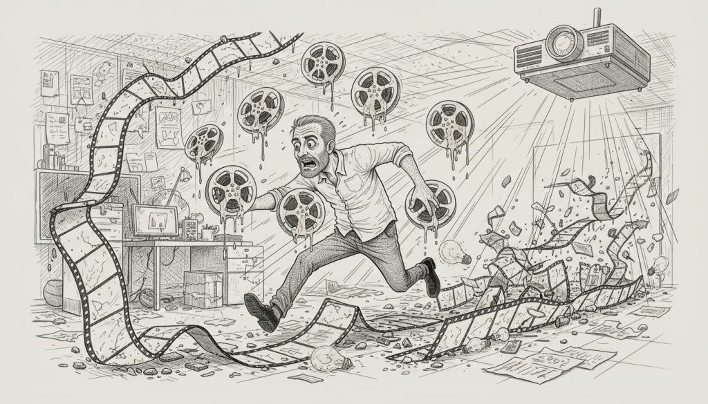The frantic character panics while juggling cracked explainer video reels amid a collapsing sales pipeline made of filmstrips in a cluttered office.