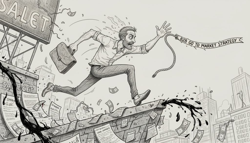 The frantic character runs stretched on a jagged ledge made of sales charts holding a briefcase and reaching for a rope labeled b2b go to market strategy amid leaking pipes and fluttering money on a chaotic rooftop.